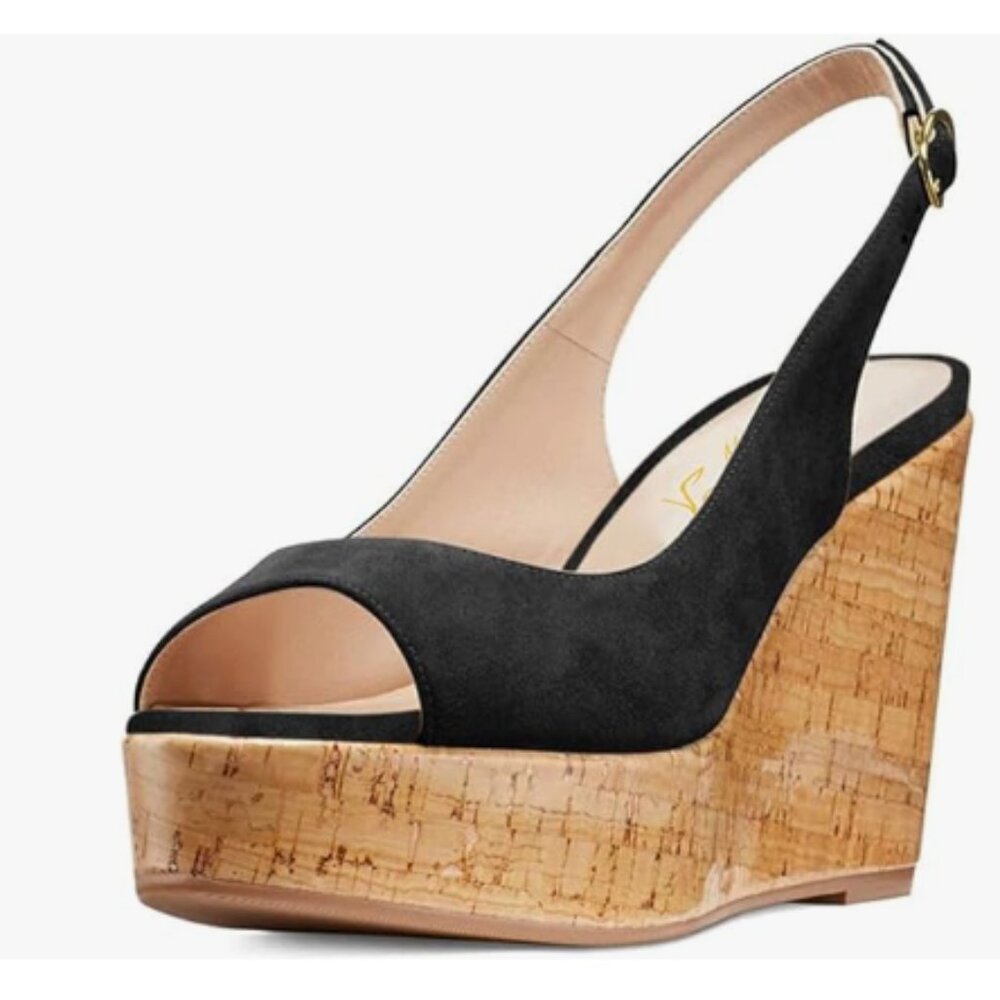 FOWT Black Peep Toe Slingback Platform Wedge High Heel Buckle Open Toe Sandals